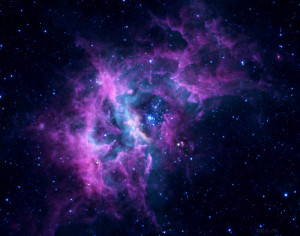 The nebula RCW49, shown in infrared light in this image from the Spitzer Space Telescope, is a nursery for newborn stars. Using NASA's Spitzer Space Telescope, astronomers have found in RCW49 more than 300 newborn or 'protostars,' all with circumstellar disks of dust and gas. The discovery reveals that galaxies make new stars at a much more prolific rate than previously imagined. The stelar disks of dust and gas not only feed material onto the growing new stars, but can be the raw material for new planetary systems.
Used with permission by:
UW-Madison University Communications  608/262-0067
Photo by:  courtesy NASA/JPL-Caltech/University of Wisconsin-Madison
Date:  5/04     File#:   scan provided